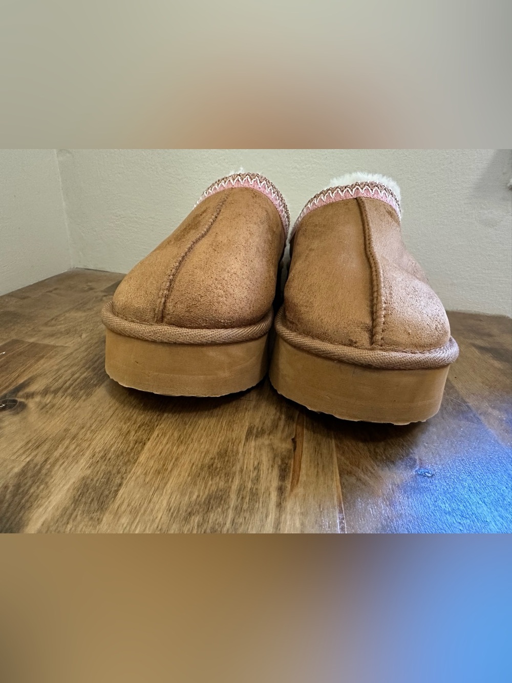 Jessica Simpson Tan Faux-Suede Slip-On Slippers with Pink Trim